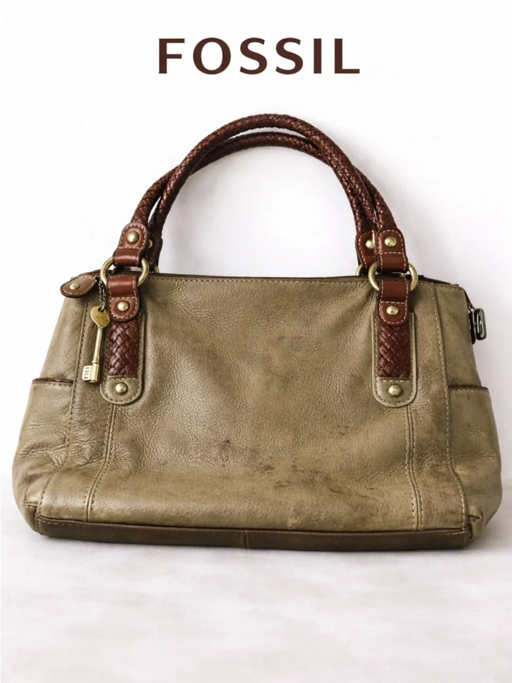 Fossil Leather Satchel Bag Burgandy Olive Green Burgandy Woven Strap Boho